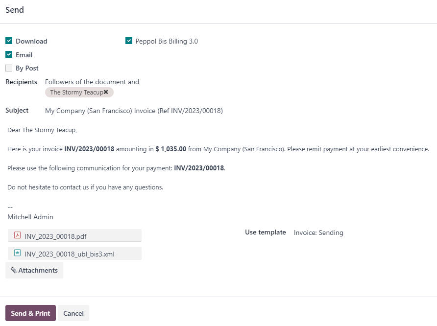 "Screenshot of generating e-invoices process in Odoo 18"