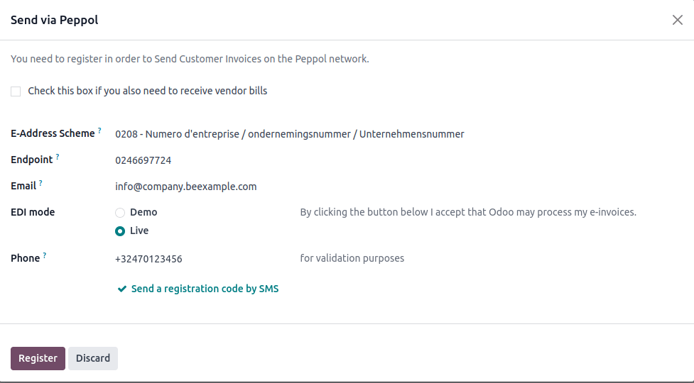 "Screenshot of e-invoice sent via Peppol in Odoo"